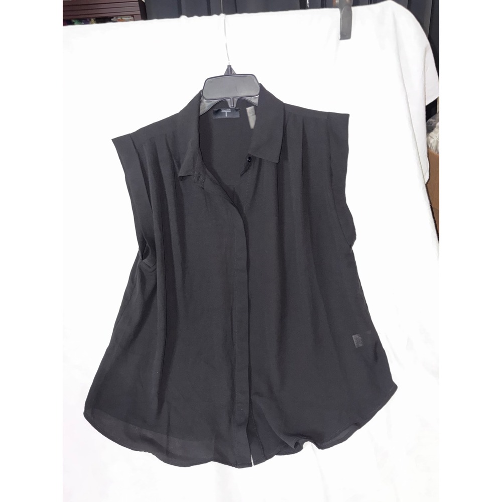 Tahari T Corporate Casual Black Minimalist Blouse Semi Sheer Collared Top  L